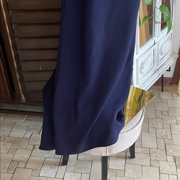 Badgely Mischka Long Navy Blue Evening Gown Size 10 Beaded Cap Sleeve Mini Train - Picture 5 of 11